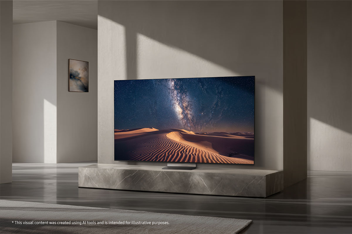 The Samsung R95H Micro RGB TV in a modern style living room.