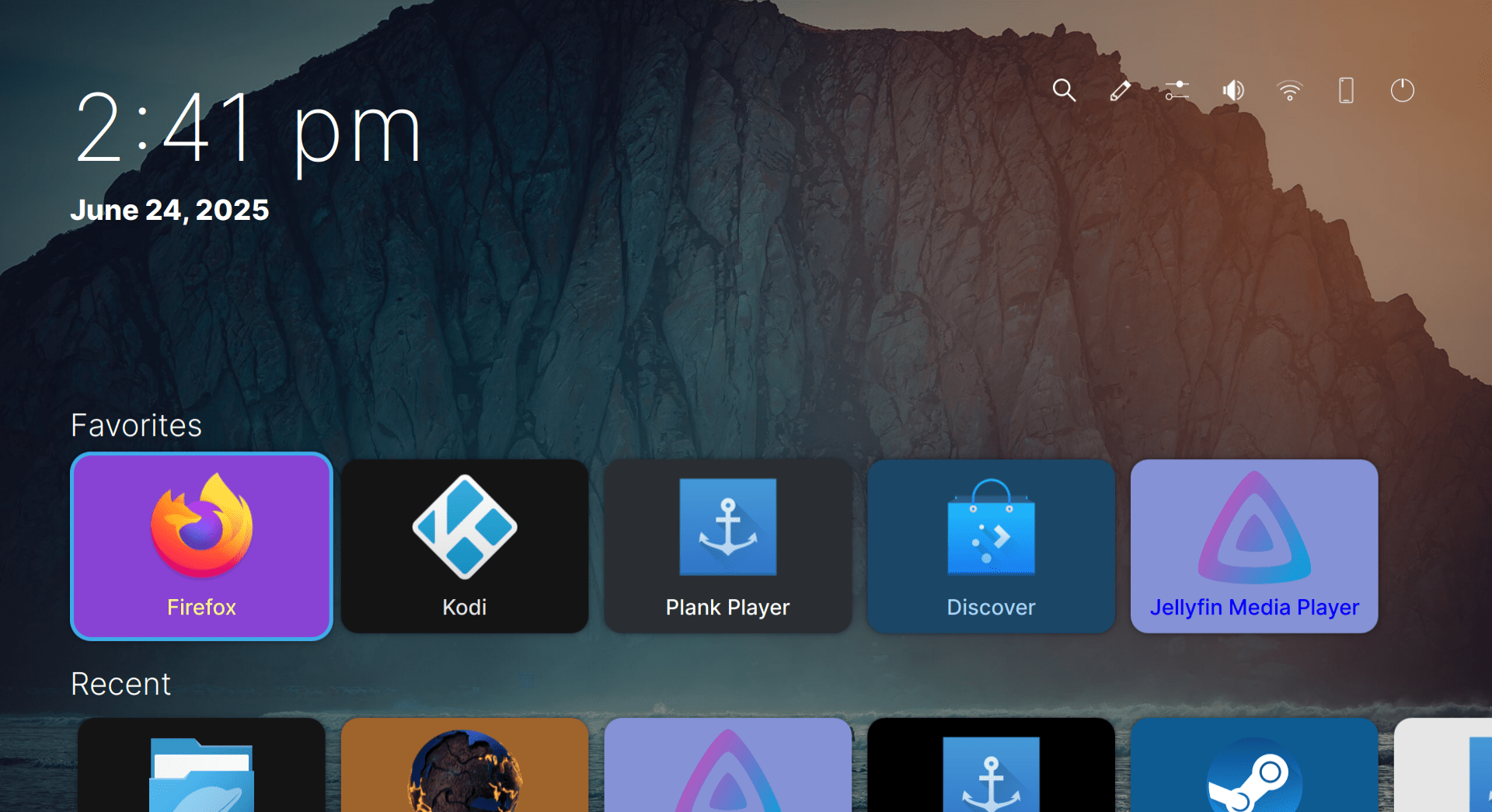 A screenshot of the KDE Plasma Bigscreen TV interface