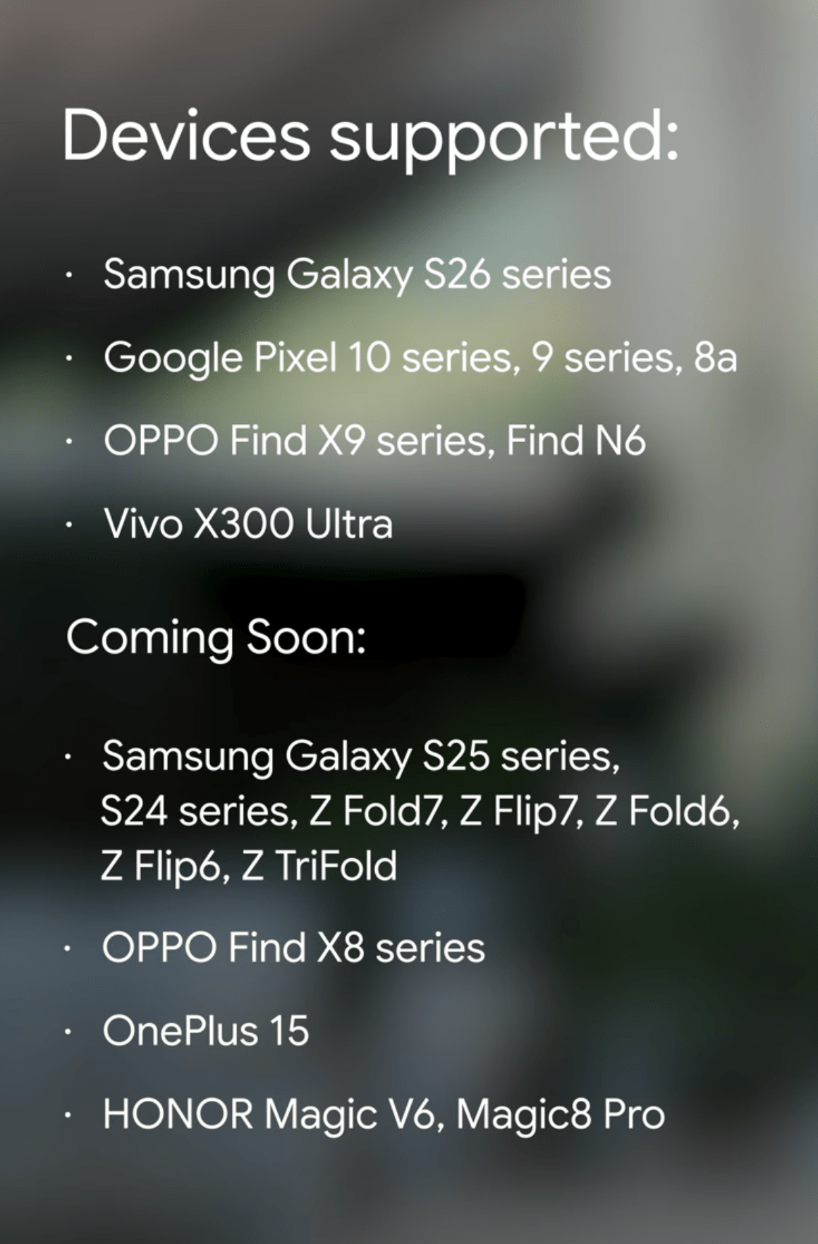 Screenshot showing list of current and future Android devices with AirDrop support